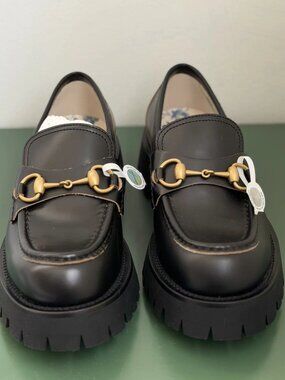Gucci Horsebit Lug Sole Loafers Bee Black Leather EU 37.5 Women New